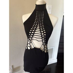 Dolls Kill Pink LipstickBlack Lattice Cutout Halter Bodycon Mini Dress One Size